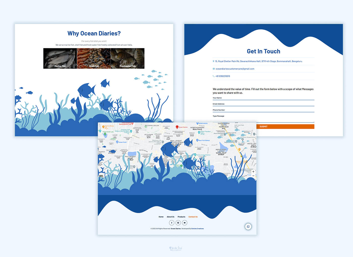 Bangalore seafood website design showing fresh Kerala fish varieties with clean ocean theme