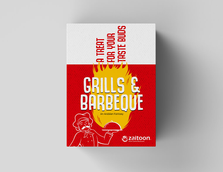 Zaitoon Restaurant Kerala BBQ packaging design with grills and barbeque food box layout