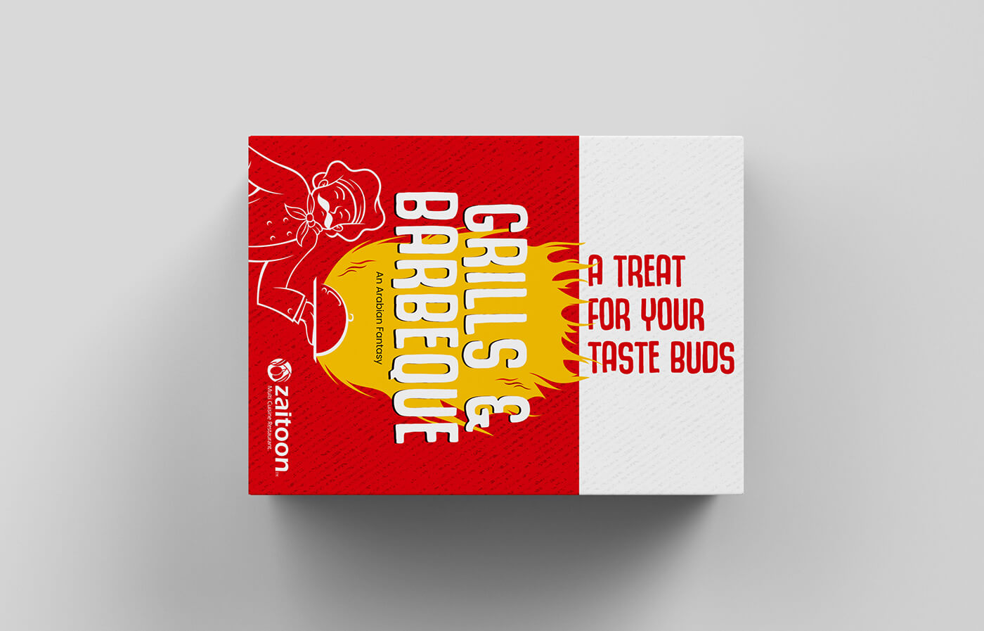 Creative Kerala restaurant packaging with BBQ illustrations and halal branding for Zaitoon