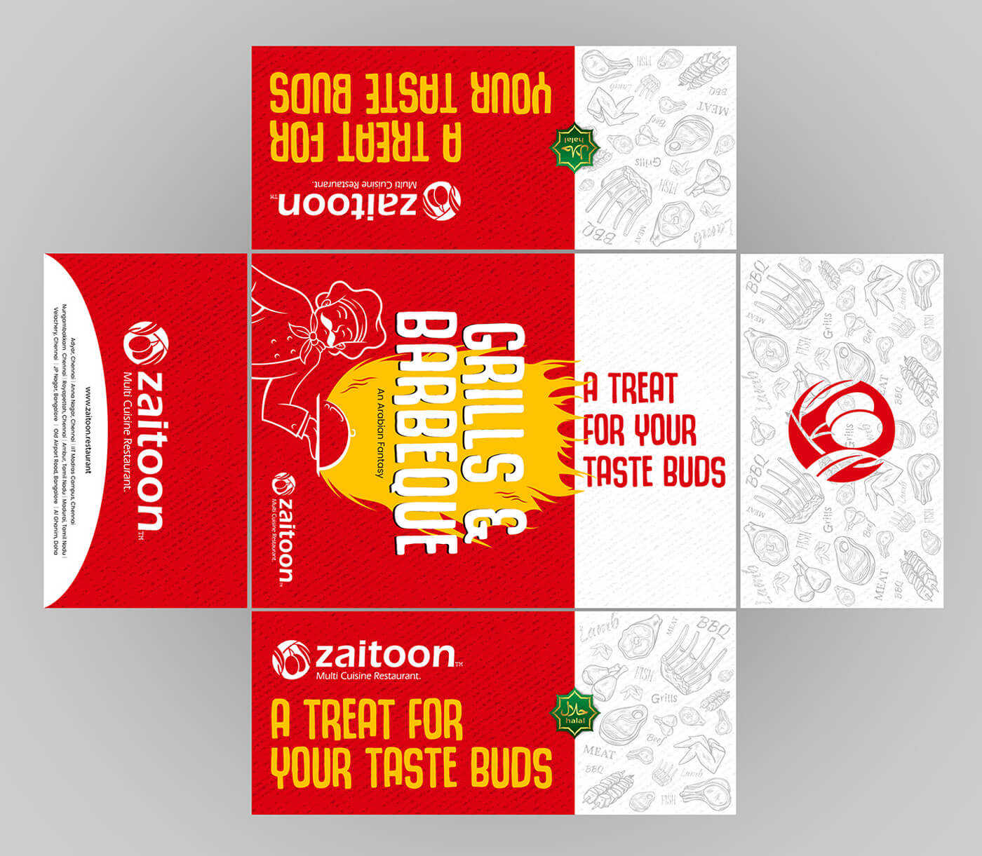 Indian restaurant takeaway box design for Zaitoon featuring bold red BBQ graphics
