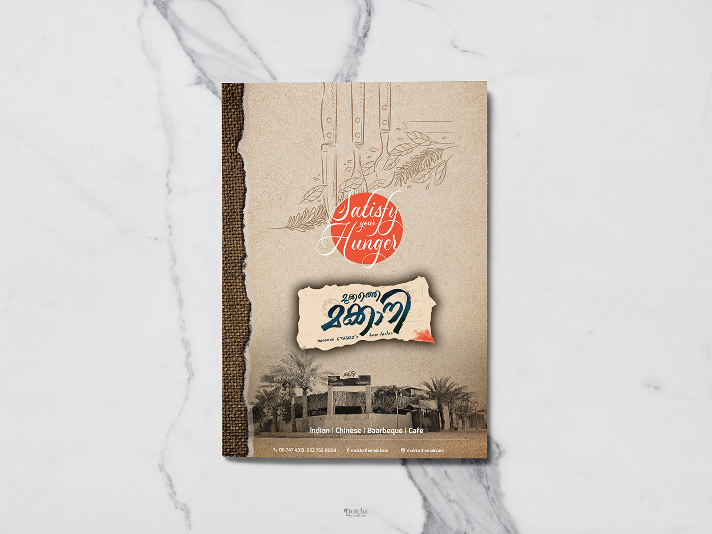 Mukkathe Makkani restaurant branding with jute-textured menu cover design