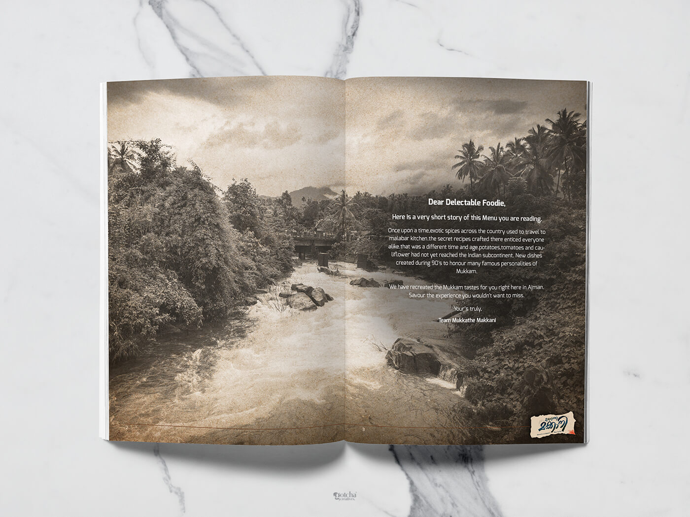 Kerala traditional restaurant menu layout with cultural artwork and rustic elements