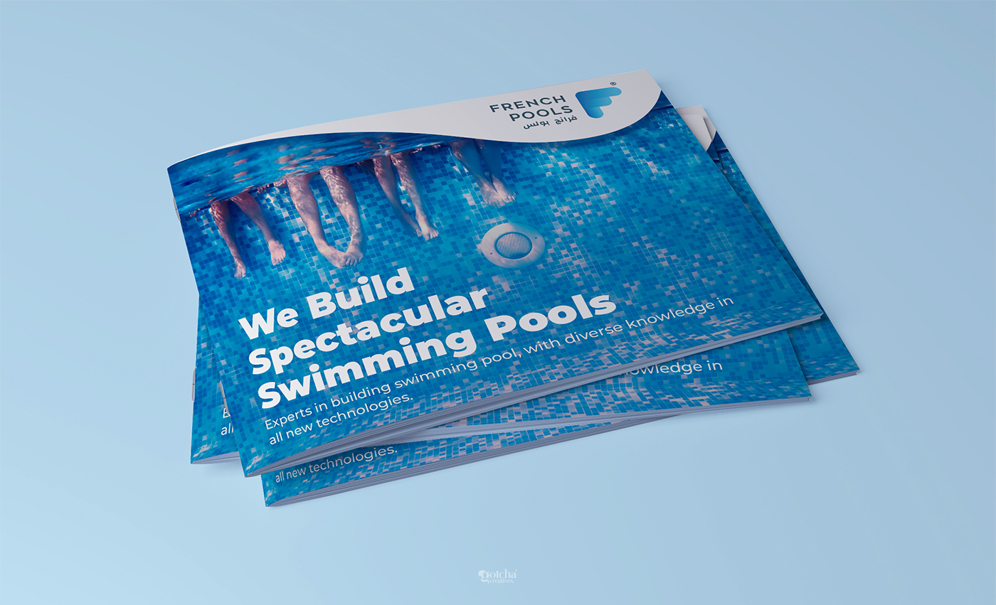 Modern pool construction company print brochure layout design