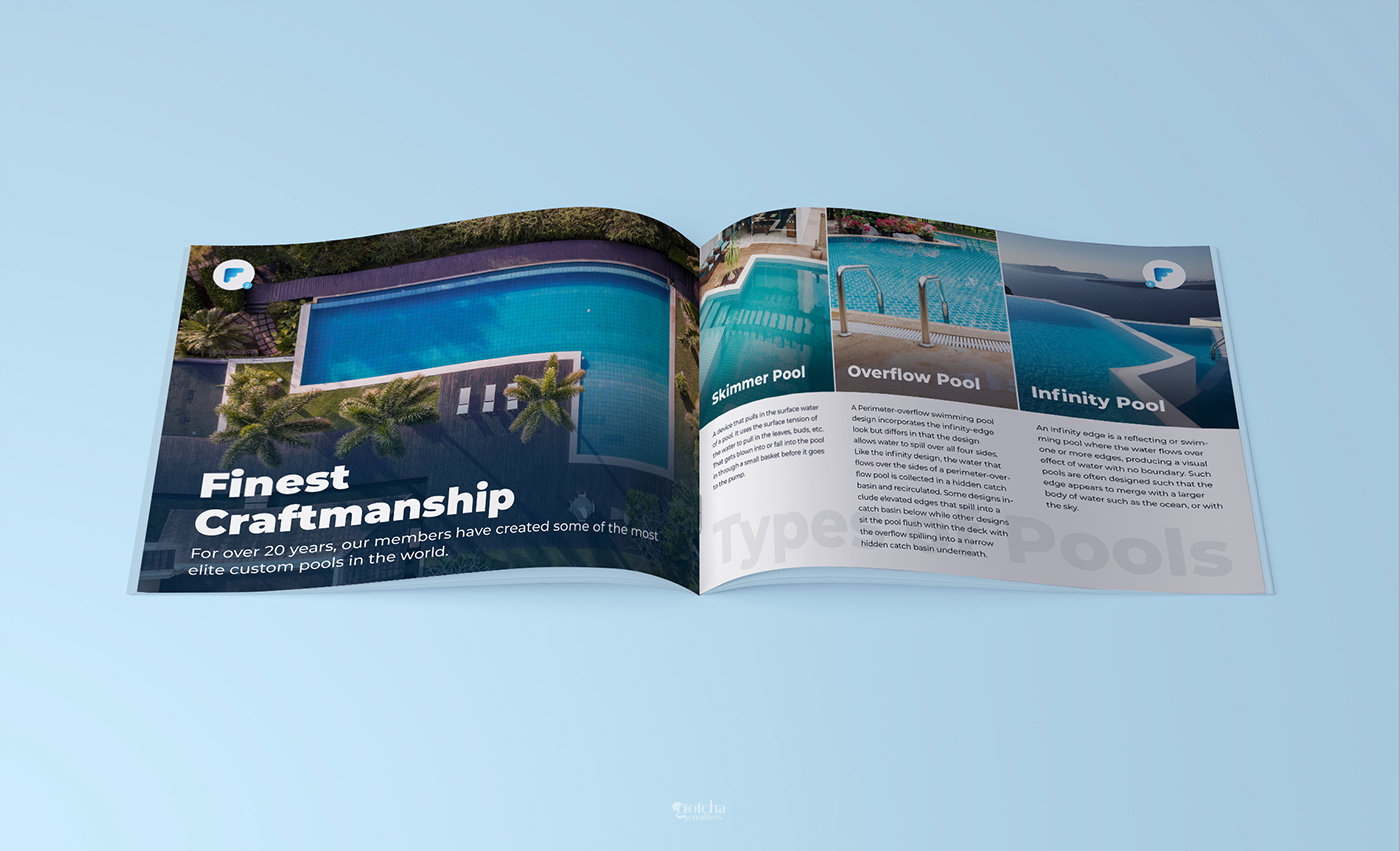 Premium swimming pool catalog design with editorial style layout
