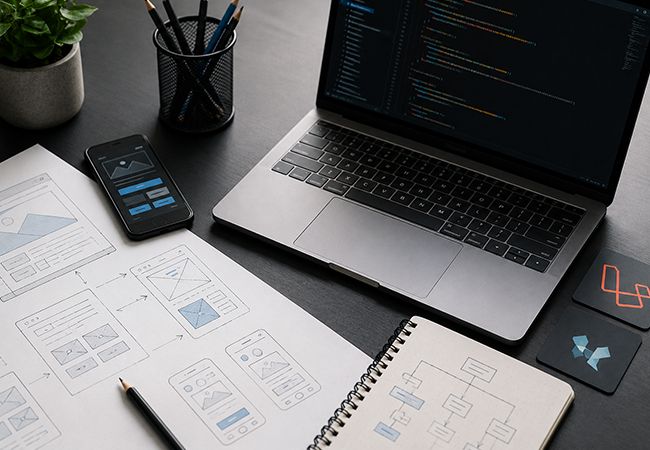 Modern web development workspace with website wireframes, coding interface, responsive design layouts, and PHP Laravel development concepts.